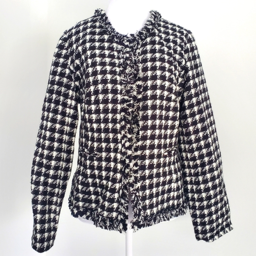 Classic Black & White Houndstooth Blazer Frayed Trim Pockets Designer Style MED